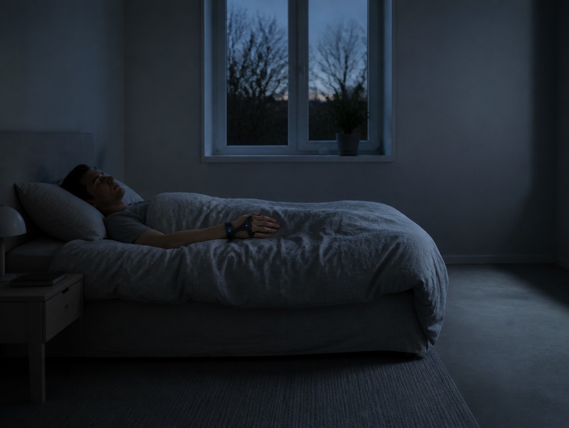 Concept photo: a person wearing the device, asleep before dawn